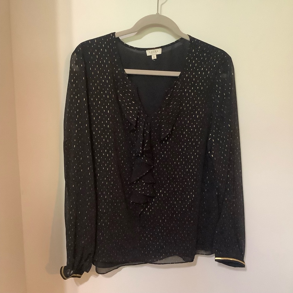 LAURA:  Black & Gold Sheer Blouse with Ruffle Detail (NWOT)